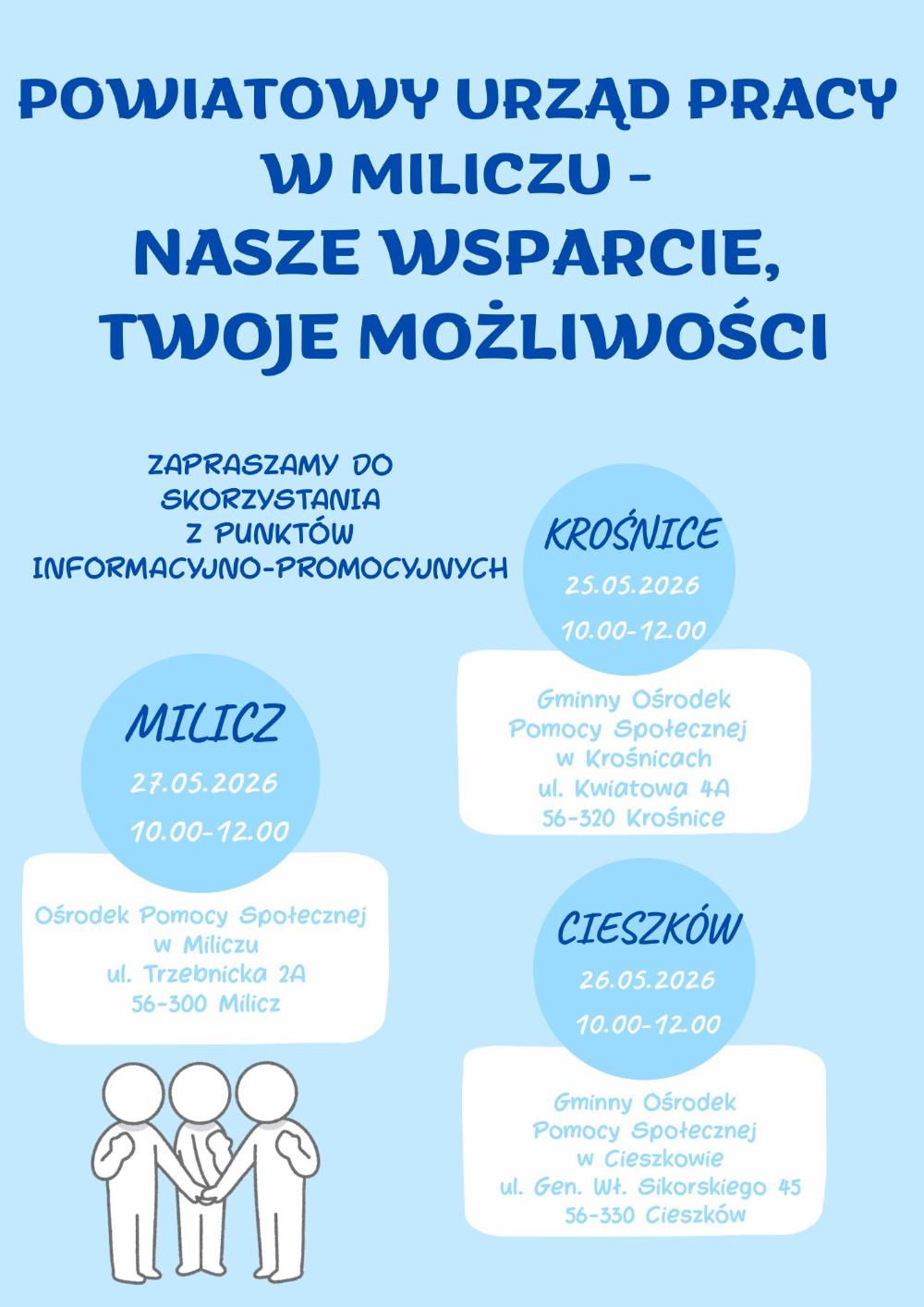 POWIATOWY URZĄD PRACY W MILICZU - Nasze wsparcie, Twoje możliwości.Powiatowy Urząd Pracy w Miliczu zaprasza do skorzystania z bezpłatnych punktów informacyjno-promocyjnych na terenie powiatu milickiego. Doradcy zawodowi tut. urzędu będą udzielać informacji dot. form wsparcia w dniach: 25.05.2026r. (GOPS w Krośnicach), 26.05.2026r. (GOPS w Cieszkowie) oraz 27.05.2026r. (OPS w Miliczu).